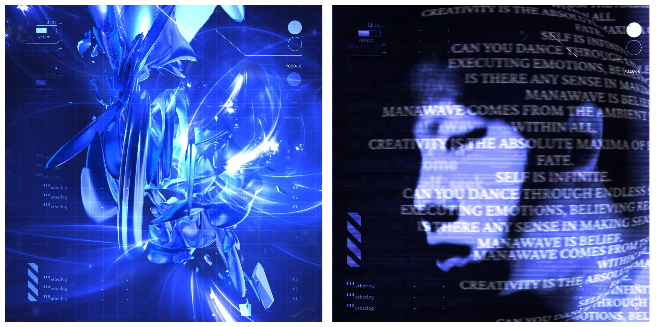 There are two pictures. Blue metalheart sculpture on the left with swirling lights, energy, and futuristic user interface parts. On the right, a purple-blue tinted face lit in darkness with warped text overlaid