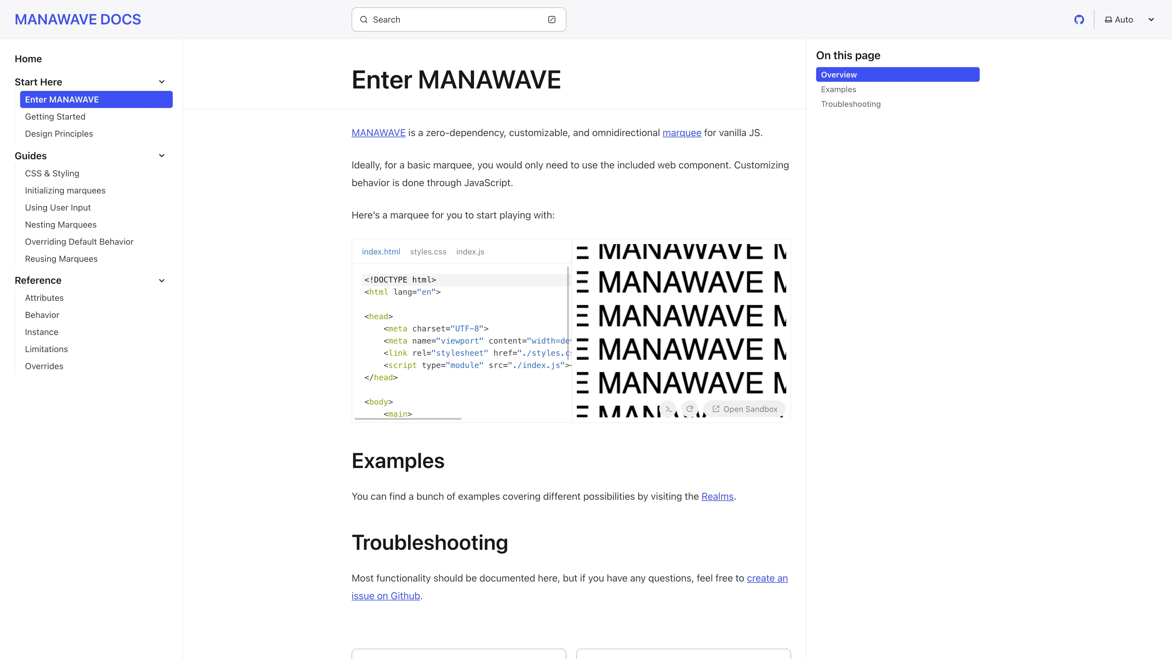 MANAWAVE documentation site showing a quick start and code playground to get started
