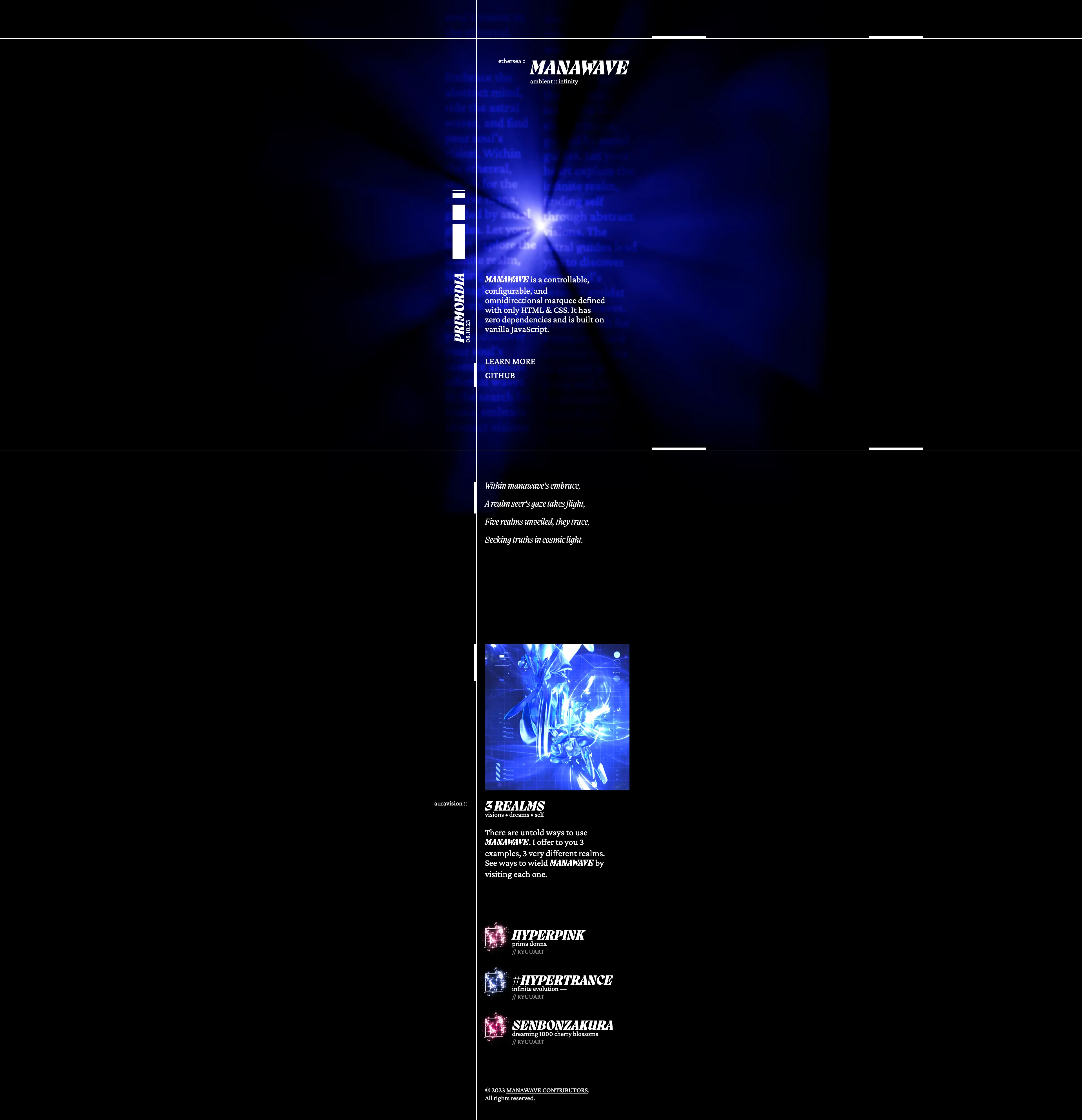 MANAWAVE desktop home page showing a bright foggy blue star on top and links on the bottom. Contains futuristic accents, poetry, and sparkles.