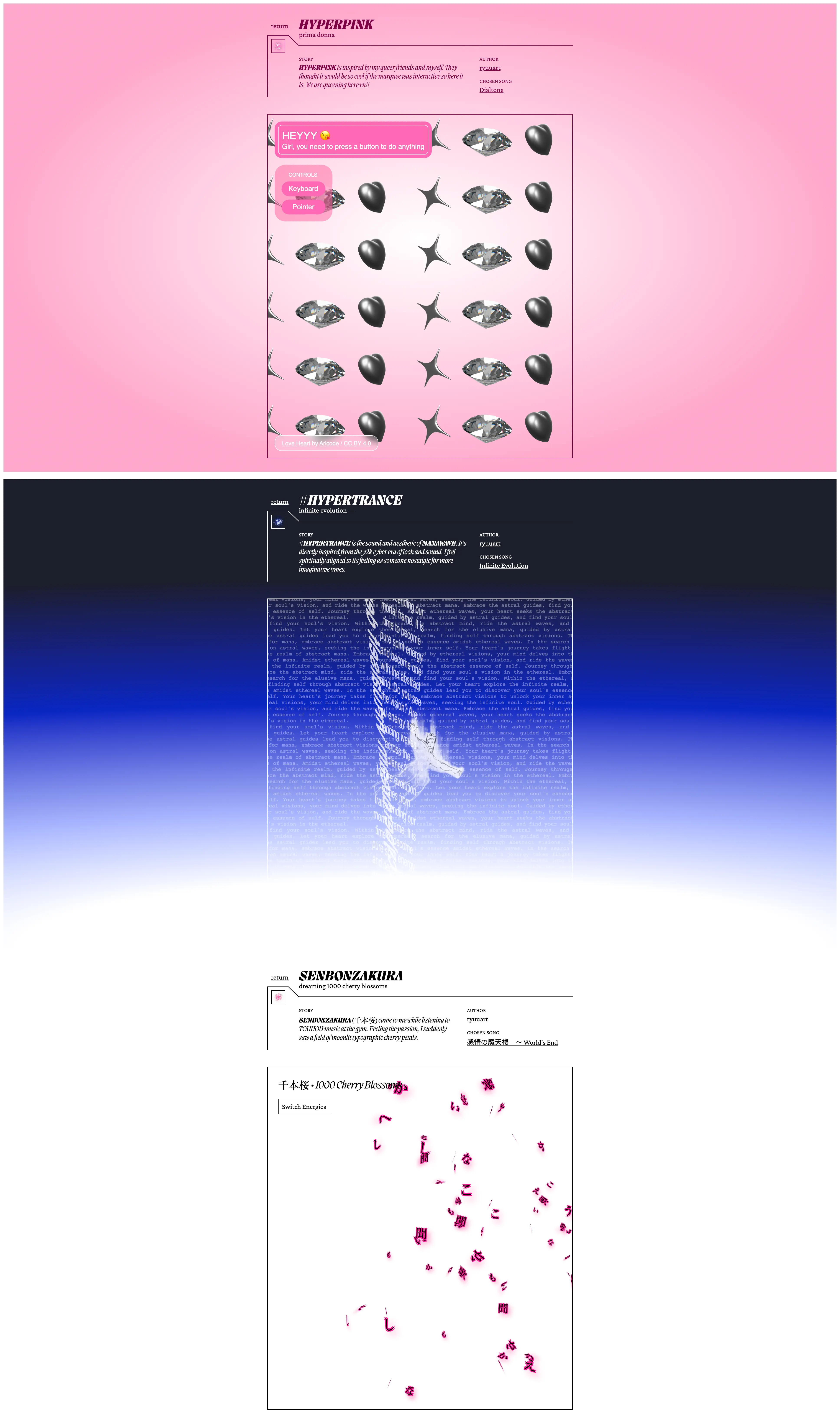 3 subpages of the MANAWAVE site portraying different artistc examples and concepts for MANAWAVE's usage