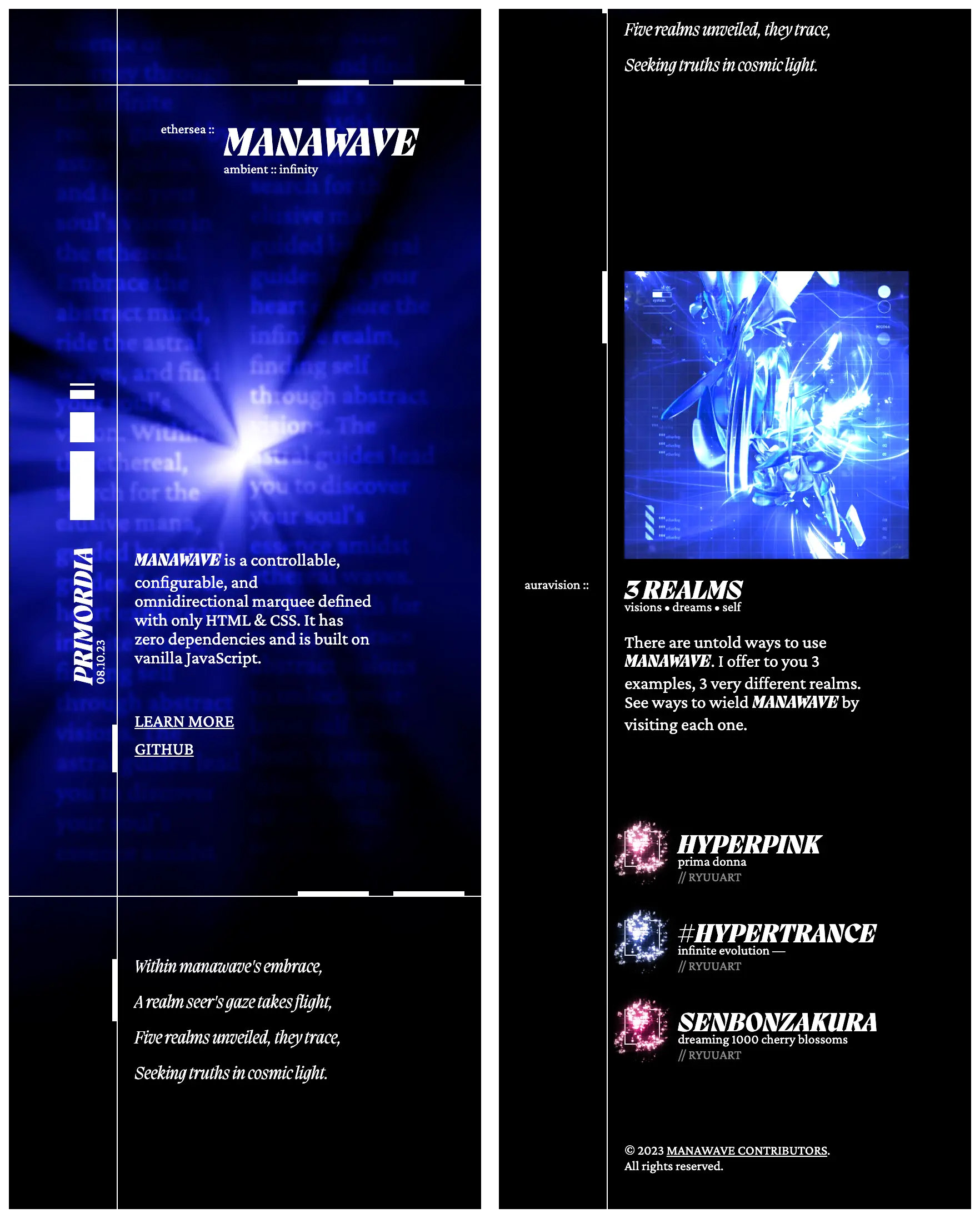 MANAWAVE mobile home page showing a bright blue star and links to artistic examples. Contains futuristic accents, poetry, and sparkles.