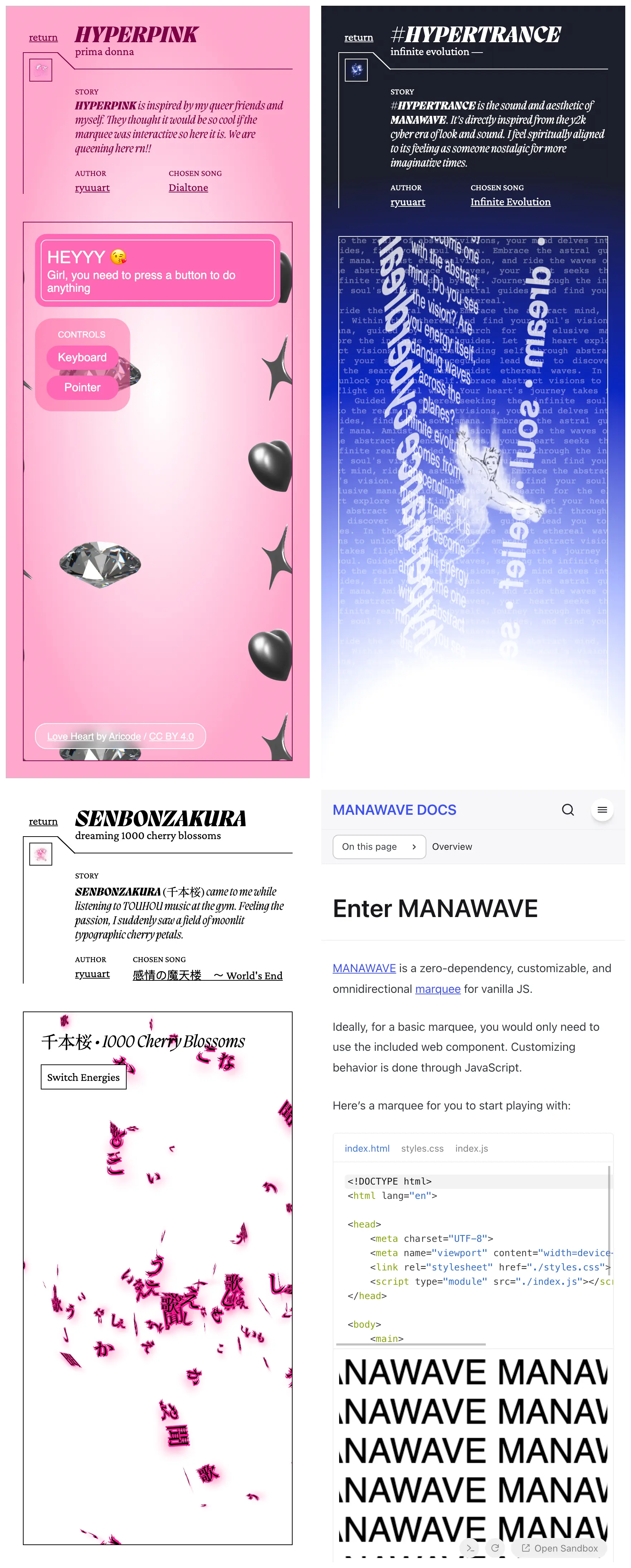 3 mobile MANAWAVE subpages showcasing different creative concepts and examples of MANAWAVE in practice
