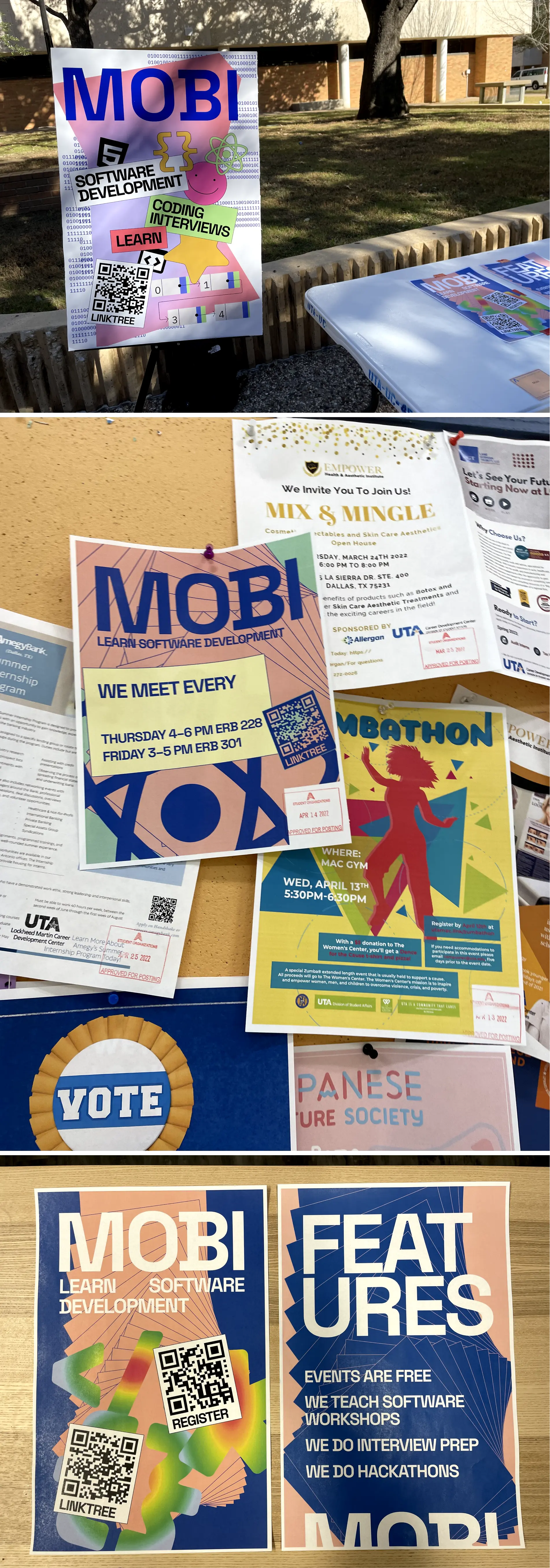 Designs of MOBI marketing materials printed and displayed in real life. There are pictures of posters and flyers posted and displayed around events.