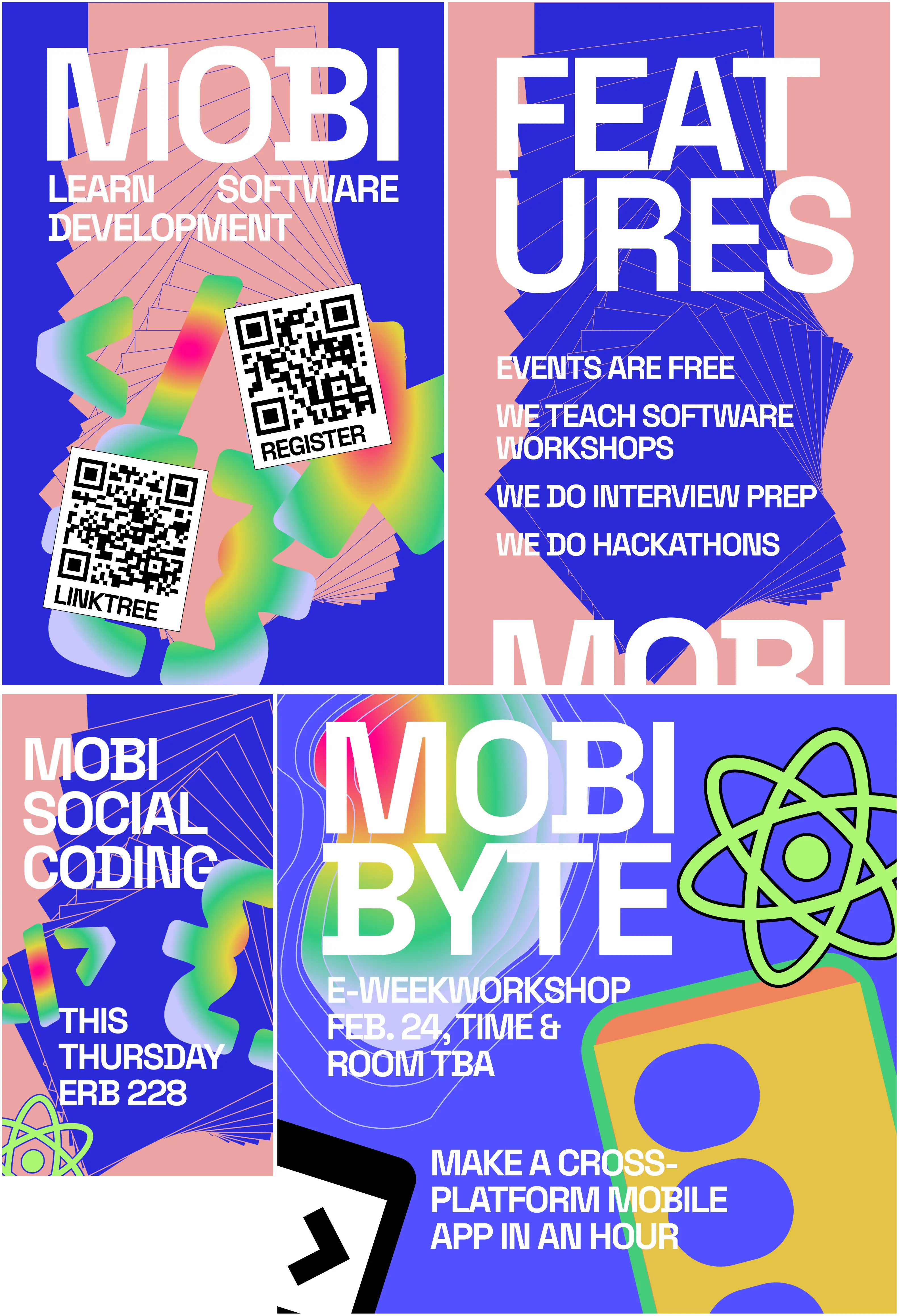 Digital designs of MOBI marketing materials. It's covered with highly saturated blue, green, and yellow colors with coding symbols mixed around. There are designs for flyers and social media.