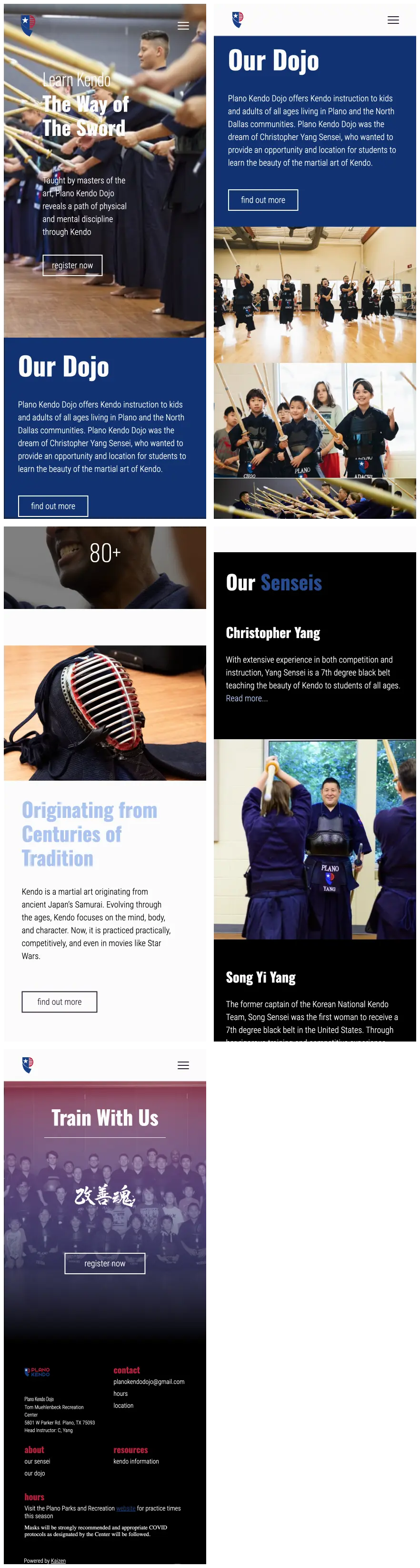 Screenshots of the mobile Plano Kendo Dojo home page in parts